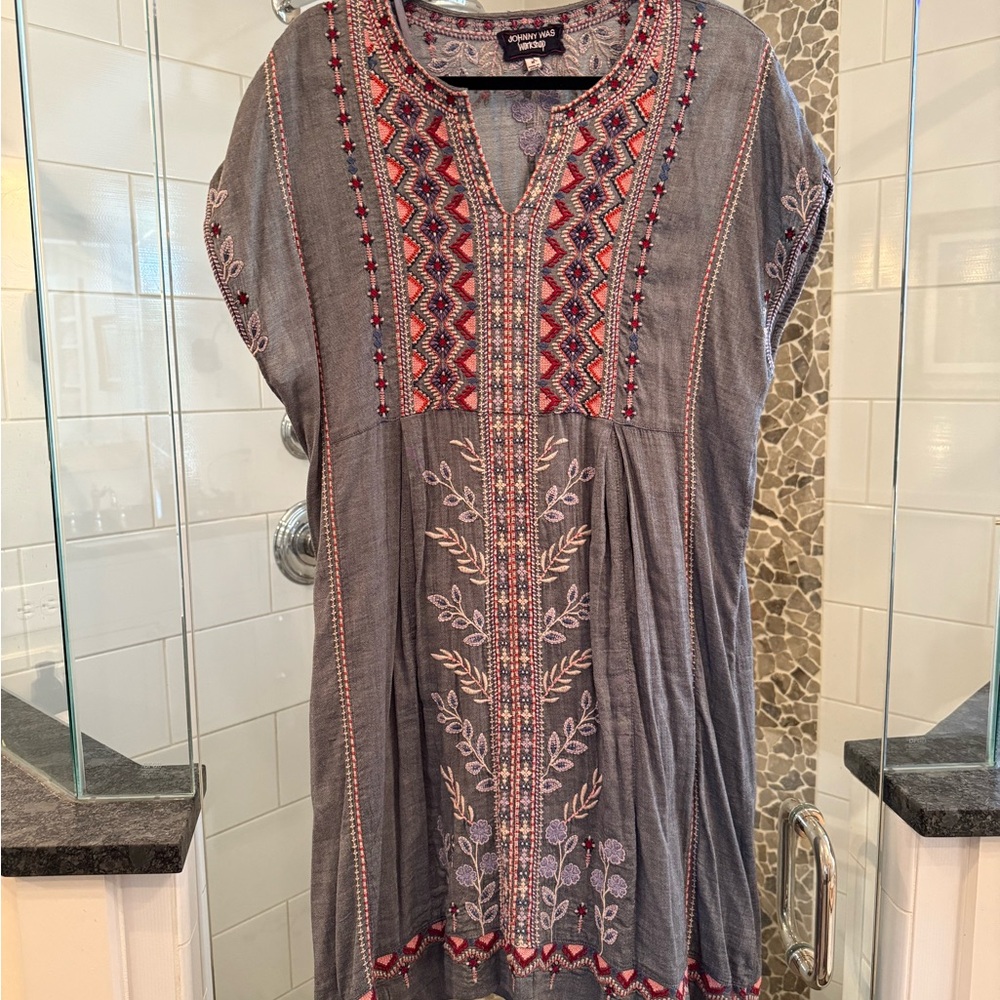 Johnny Was Gray Tunic with Red Embroidery